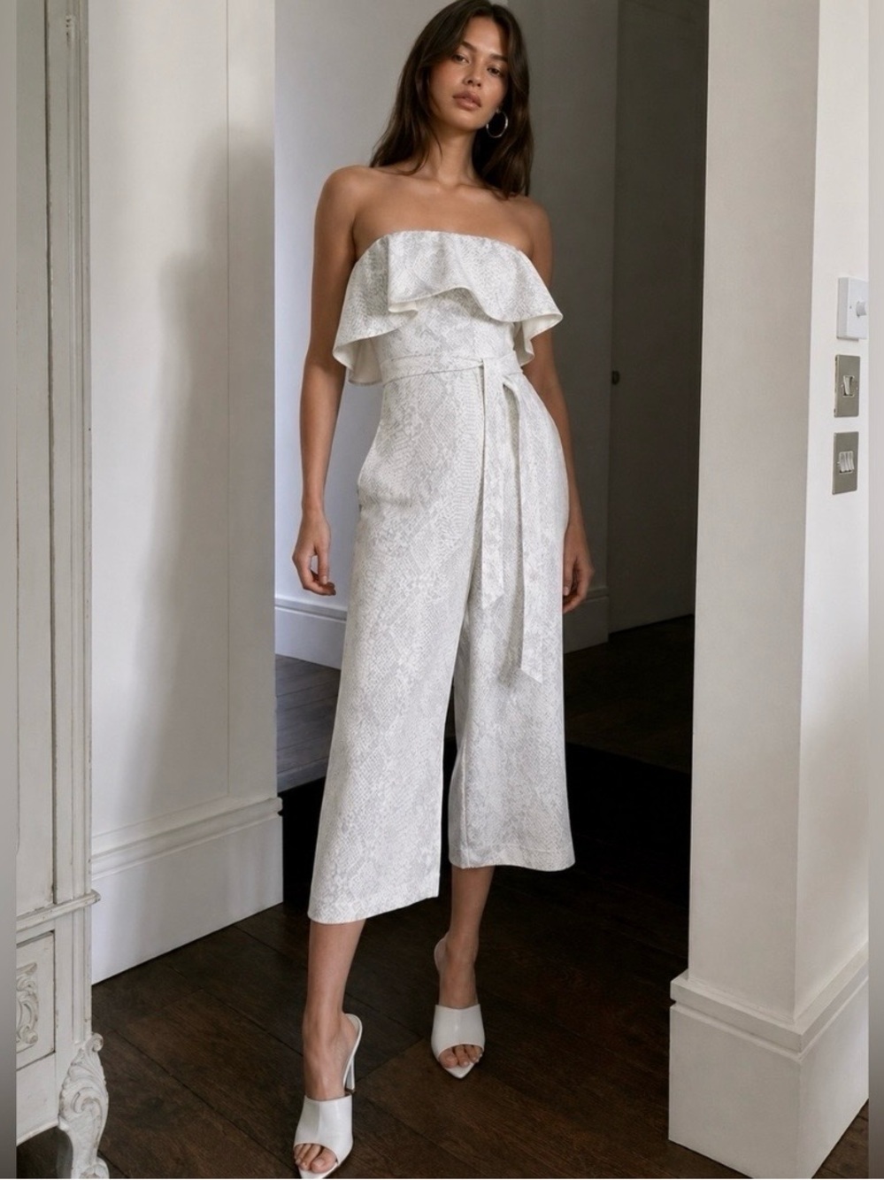 Aritzia Babaton flutter strapless ruffle sash tie jumpsuit wide legs cropped
